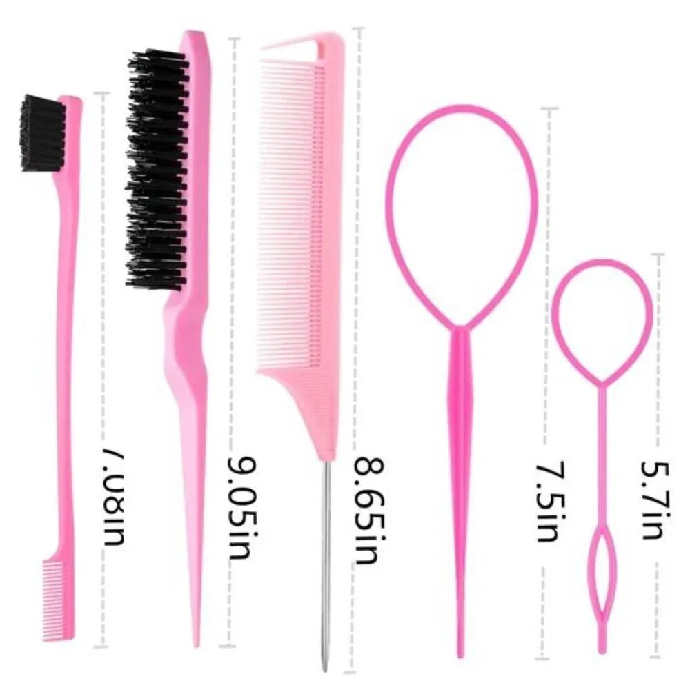 8-Piece Pink Hair Styling Tool Set Edge Brush, Rat Tail Combs & Loop Hair Puller